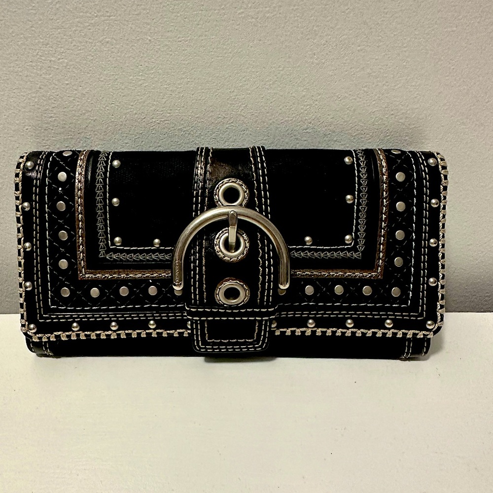 COACH💥VINTAGE~LIMITED EDITION💥Black Canvas Trifold Buckle ,Studded Wallet